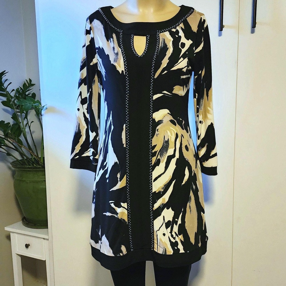 Style & Co Womens XS Black Abstract Swirl Keyhole Studded Tunic Dress 3/4 Sleeve
